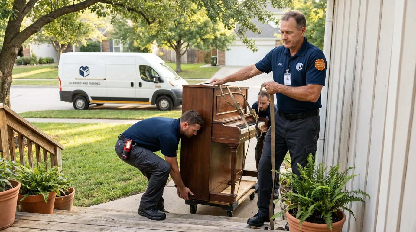 Licensed piano movers securing grand piano in Oxford, IN