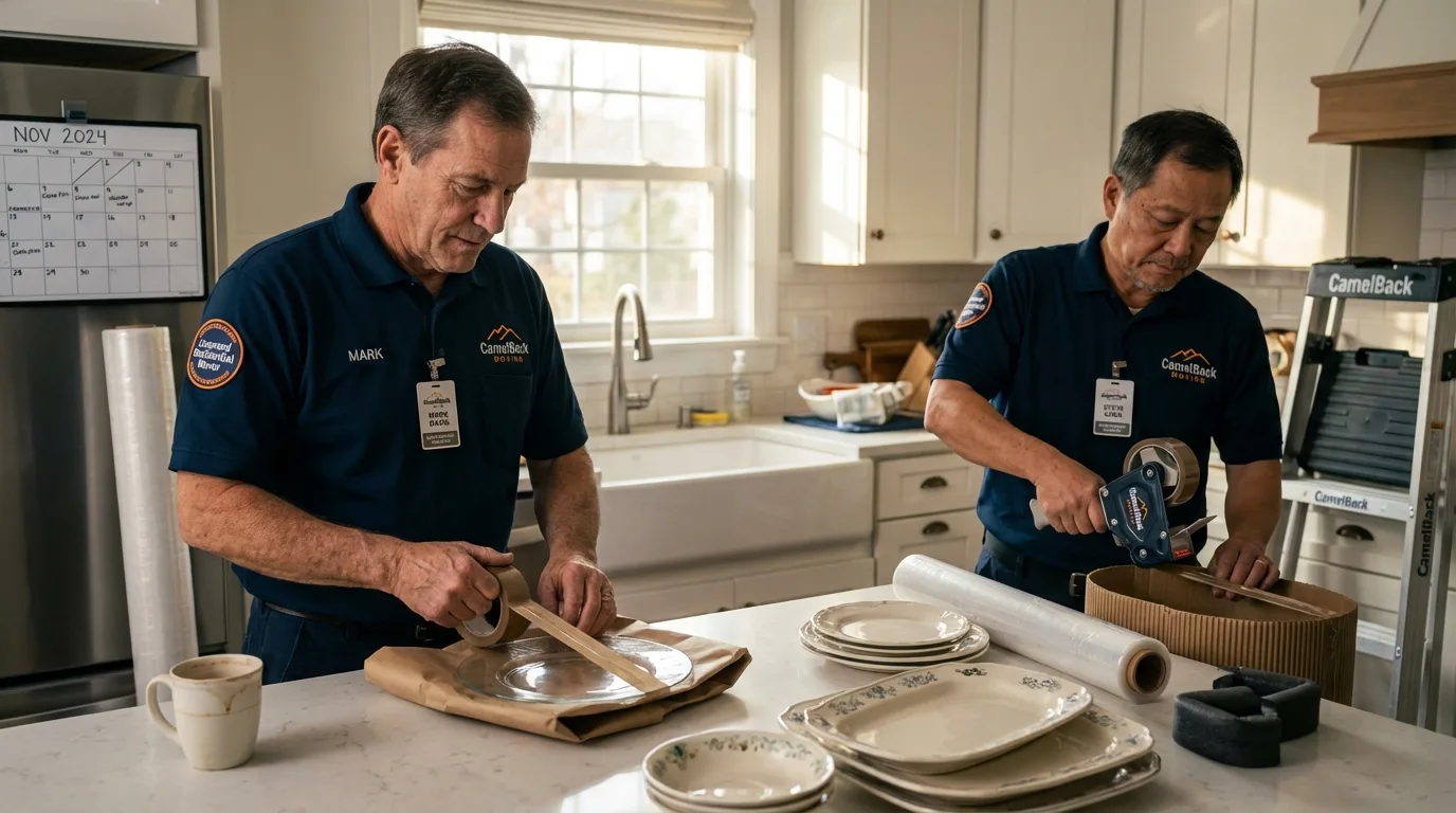 Professional crew packing kitchen dishware in Oxford, IN